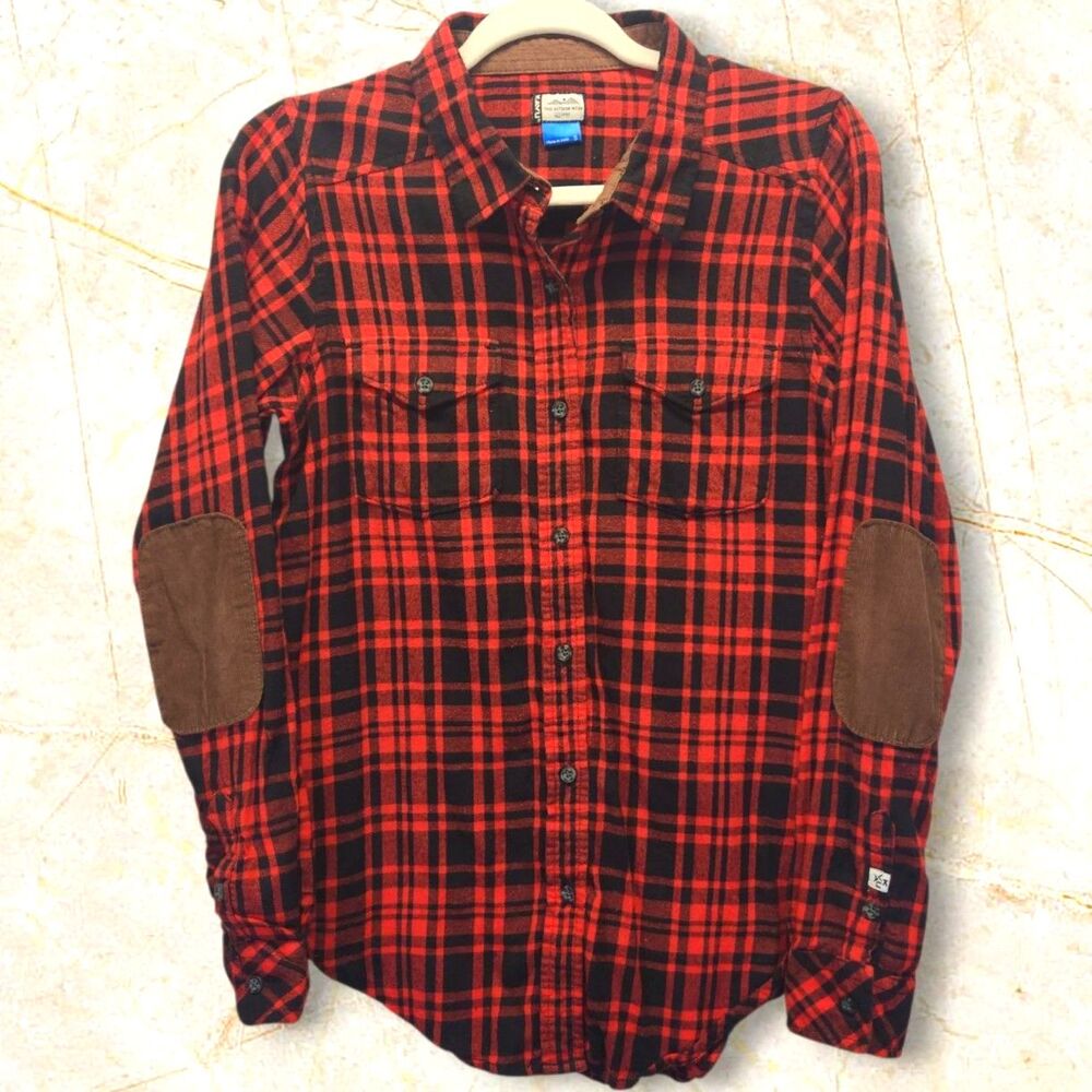 KAVU Plaid Flannel Shirt with Elbow Patch Red Black Outdoor Women's SMALL